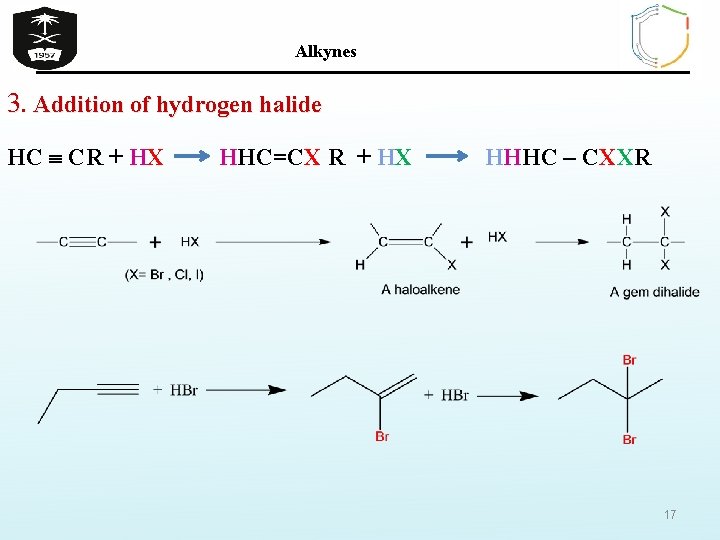Alkynes 3. Addition of hydrogen halide HC CR + HX HHC=CX R + HX