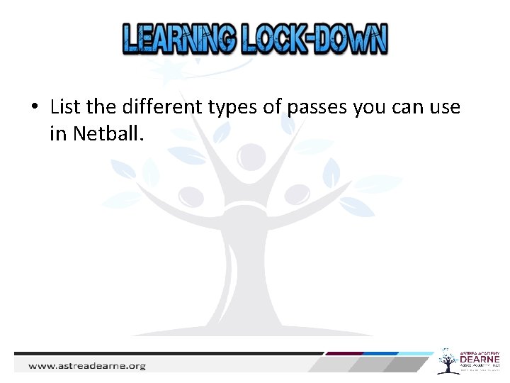  • List the different types of passes you can use in Netball. 