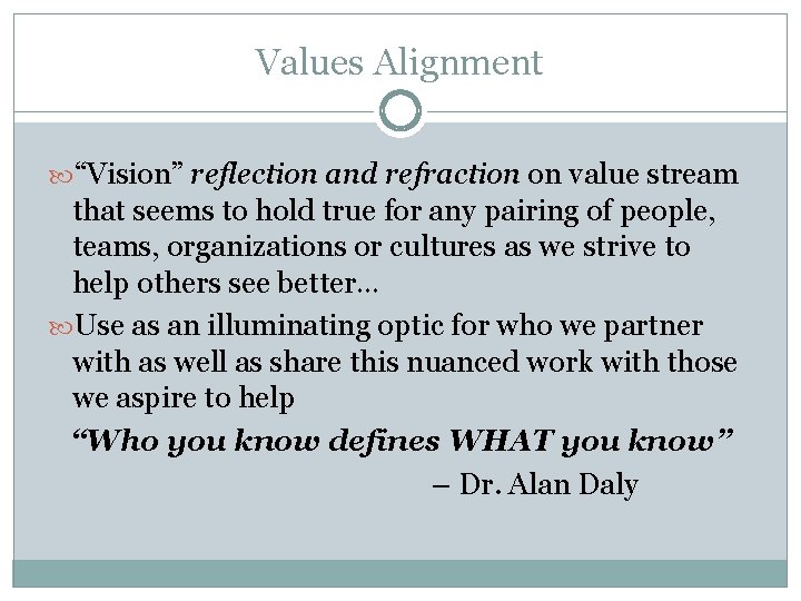 Values Alignment “Vision” reflection and refraction on value stream that seems to hold true