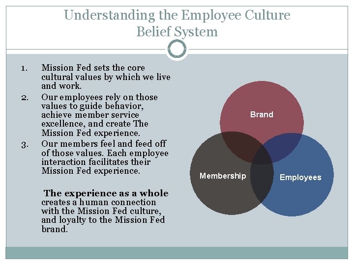 Understanding the Employee Culture Belief System 1. 2. 3. Mission Fed sets the core