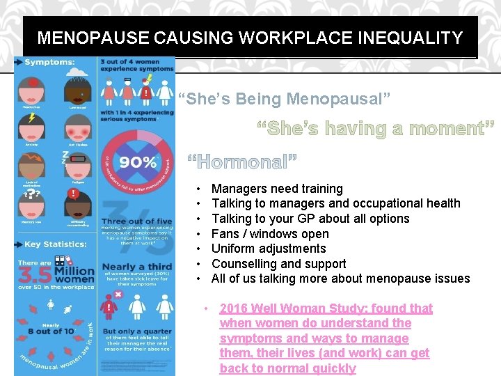 MENOPAUSE CAUSING WORKPLACE INEQUALITY “She’s Being Menopausal” “She’s having a moment” • • Managers