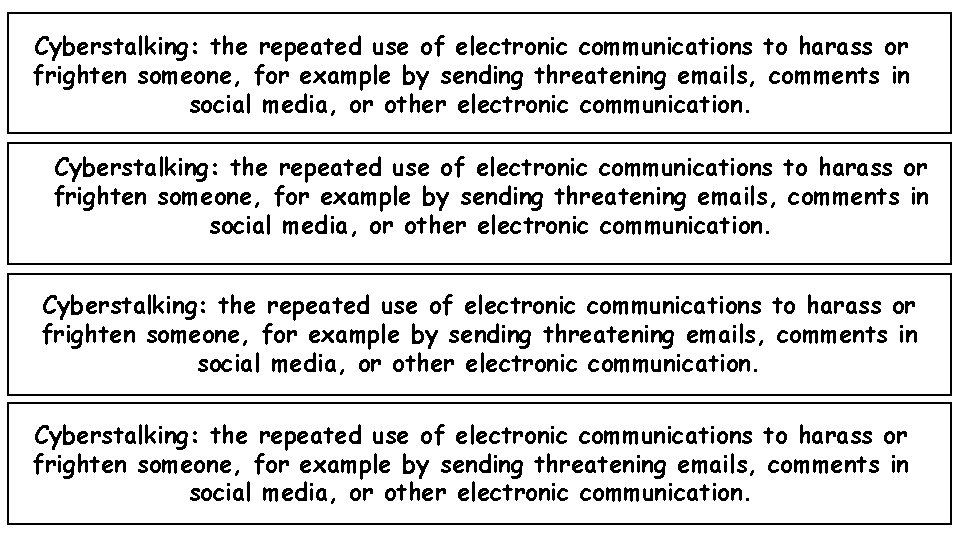 Cyberstalking: the repeated use of electronic communications to harass or frighten someone, for example