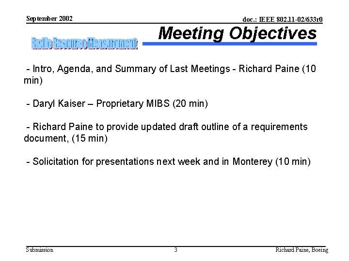 September 2002 doc. : IEEE 802. 11 -02/633 r 0 Meeting Objectives - Intro,