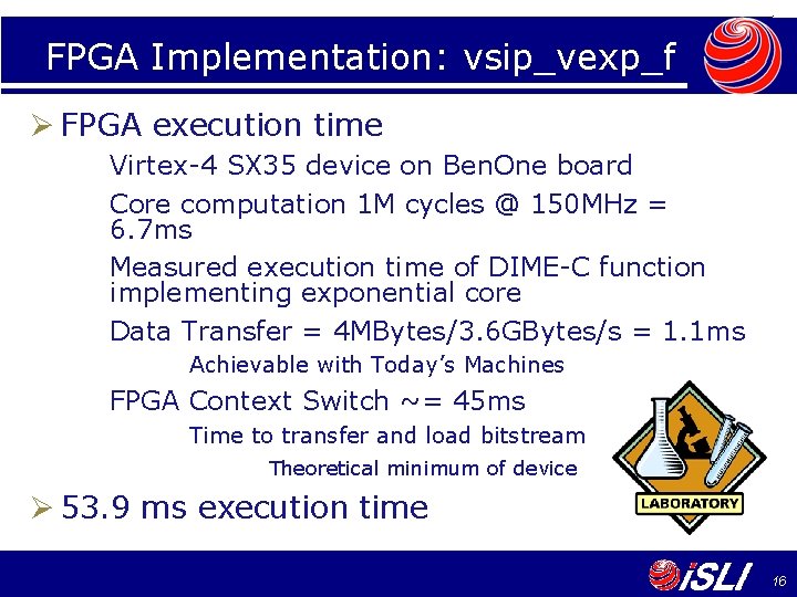FPGA Implementation: vsip_vexp_f Ø FPGA execution time Virtex-4 SX 35 device on Ben. One