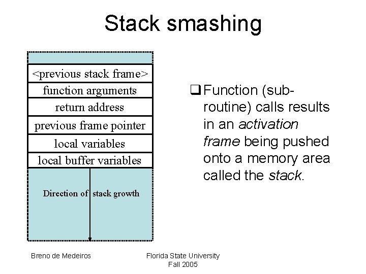 Stack smashing <previous stack frame> function arguments return address previous frame pointer local variables