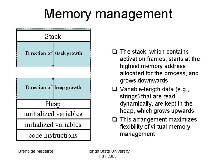 Memory management Stack Direction of stack growth Direction of heap growth Heap unitialized variables