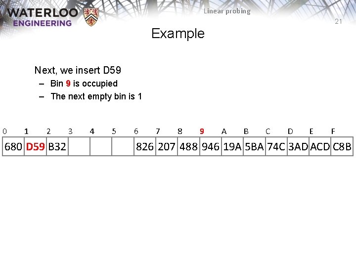Linear probing 21 Example Next, we insert D 59 – Bin 9 is occupied