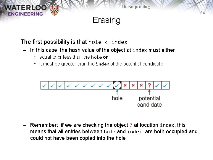 Linear probing 54 Erasing The first possibility is that hole < index – In