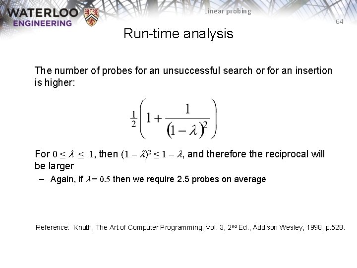 Linear probing 64 Run-time analysis The number of probes for an unsuccessful search or