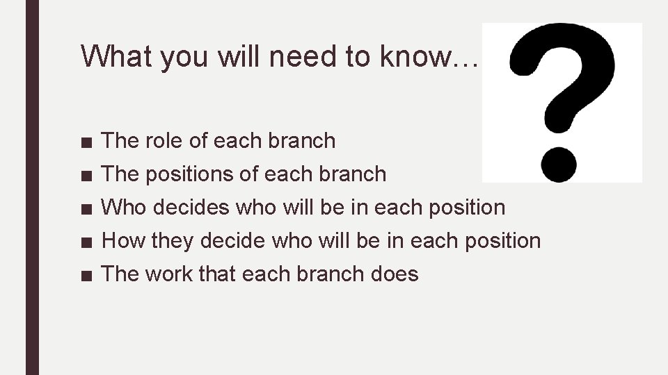 What you will need to know… ■ ■ ■ The role of each branch