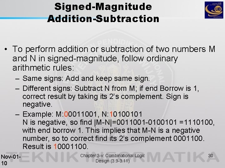 Signed-Magnitude Addition-Subtraction • To perform addition or subtraction of two numbers M and N