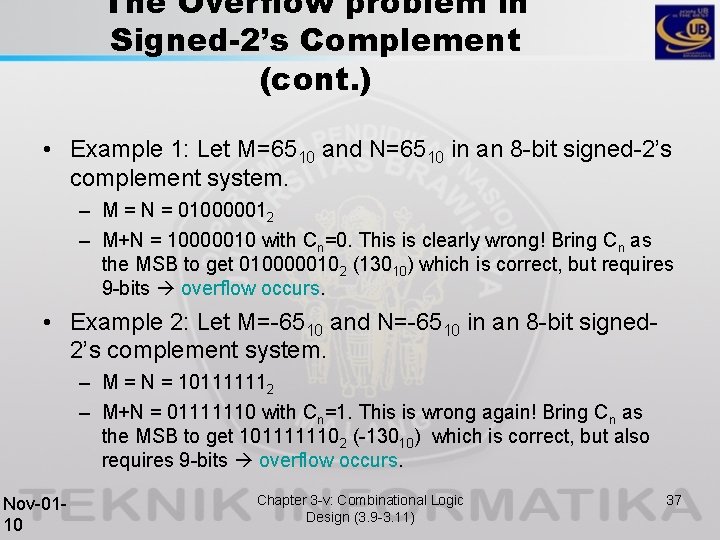 The Overflow problem in Signed-2’s Complement (cont. ) • Example 1: Let M=6510 and