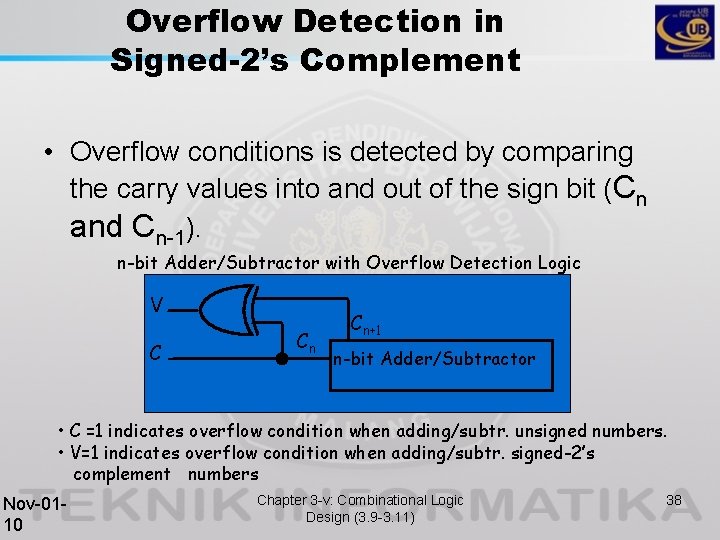 Overflow Detection in Signed-2’s Complement • Overflow conditions is detected by comparing the carry