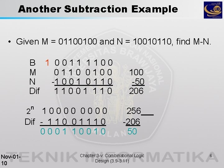 Another Subtraction Example • Given M = 01100100 and N = 10010110, find M-N.