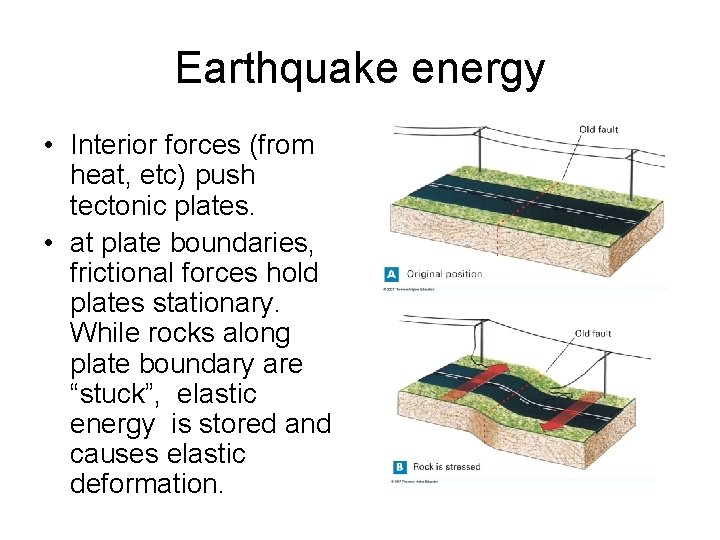 Earthquake energy • Interior forces (from heat, etc) push tectonic plates. • at plate