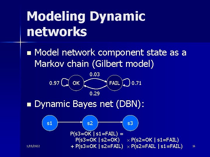 Modeling Dynamic networks n Model network component state as a Markov chain (Gilbert model)