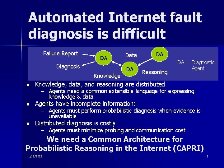 Automated Internet fault diagnosis is difficult Failure Report DA Diagnosis Knowledge n Data DA