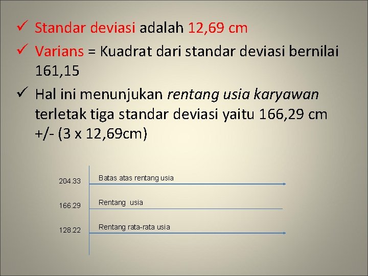 ü Standar deviasi adalah 12, 69 cm ü Varians = Kuadrat dari standar deviasi