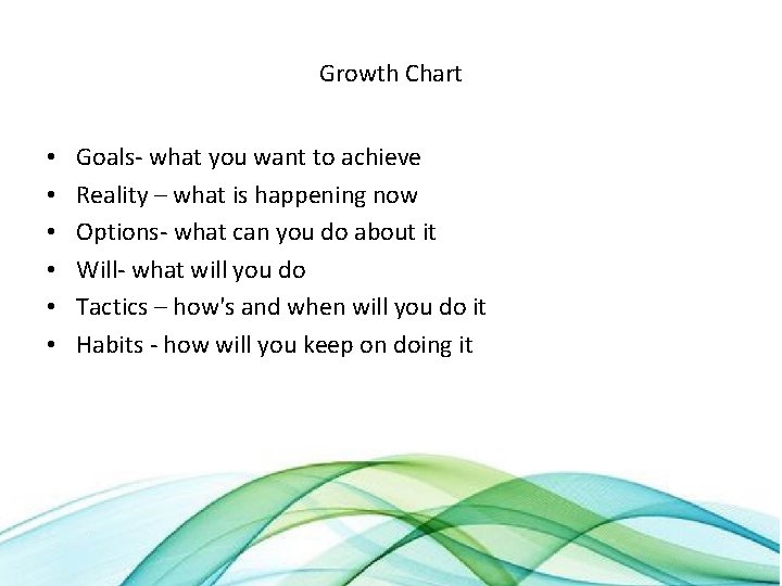 Growth Chart • • • Goals- what you want to achieve Reality – what