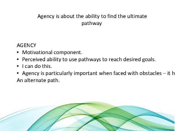 Agency is about the ability to find the ultimate pathway AGENCY • Motivational component.
