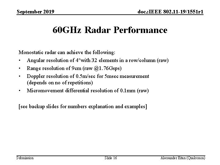 September 2019 doc. : IEEE 802. 11 -19/1551 r 1 60 GHz Radar Performance