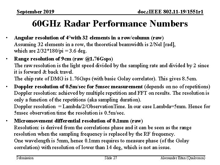 September 2019 doc. : IEEE 802. 11 -19/1551 r 1 60 GHz Radar Performance