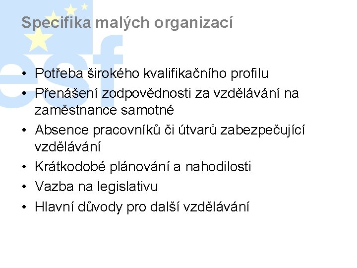 Specifika malých organizací • Potřeba širokého kvalifikačního profilu • Přenášení zodpovědnosti za vzdělávání na