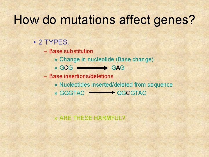 How do mutations affect genes? • 2 TYPES: – Base substitution » Change in