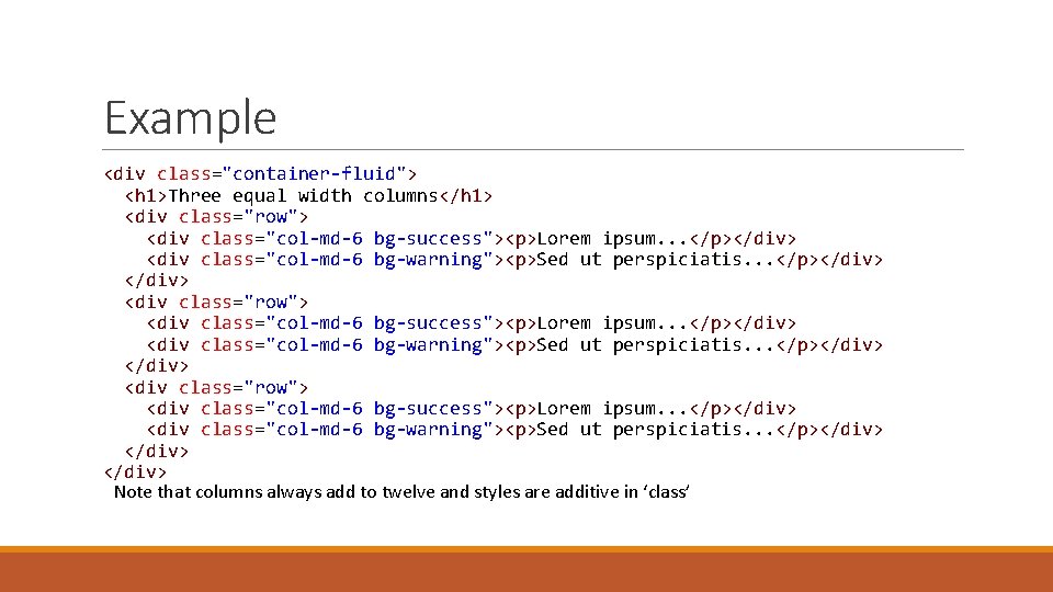 Example <div class="container-fluid"> <h 1>Three equal width columns</h 1> <div class="row"> <div class="col-md-6 bg-success"><p>Lorem Example <div class="container-fluid"> <h 1>Three equal width columns</h 1> <div class="row"> <div class="col-md-6 bg-success"><p>Lorem