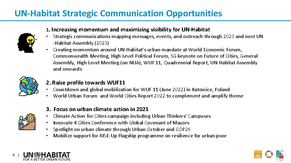 UN-Habitat Strategic Communication Opportunities 1. Increasing momentum and maximizing visibility for UN-Habitat • Strategic