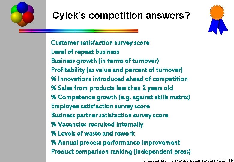 Cylek’s competition answers? Customer satisfaction survey score Level of repeat business Business growth (in
