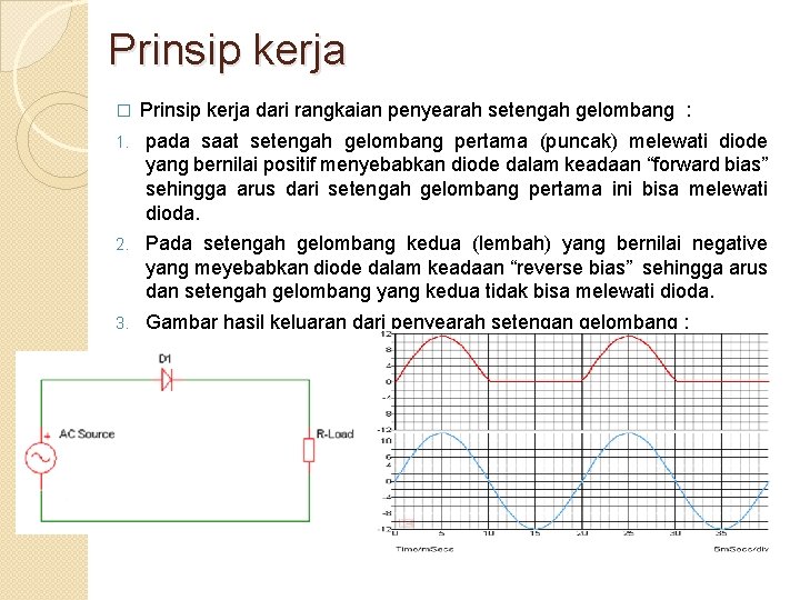 Prinsip kerja � Prinsip kerja dari rangkaian penyearah setengah gelombang : 1. pada saat