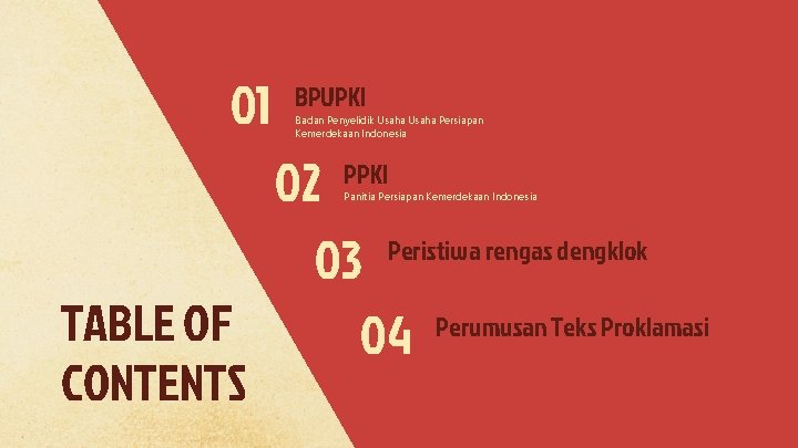 01 BPUPKI Badan Penyelidik Usaha Persiapan Kemerdekaan Indonesia 02 Peristiwa rengas dengklok 03 Perumusan