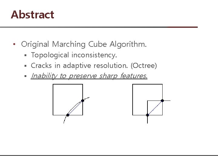Abstract • Original Marching Cube Algorithm. Topological inconsistency. § Cracks in adaptive resolution. (Octree)