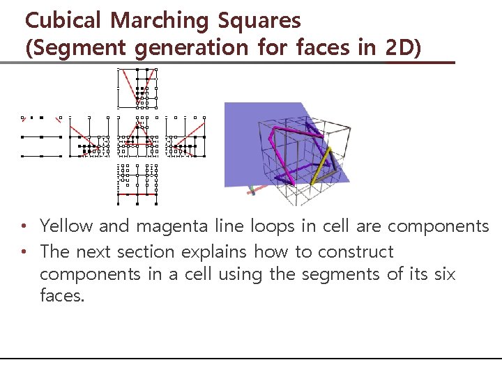 Cubical Marching Squares (Segment generation for faces in 2 D) • Yellow and magenta