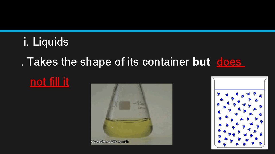 i. Liquids. Takes the shape of its container but does not fill it 