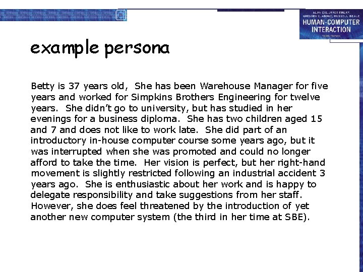 example persona Betty is 37 years old, She has been Warehouse Manager for five