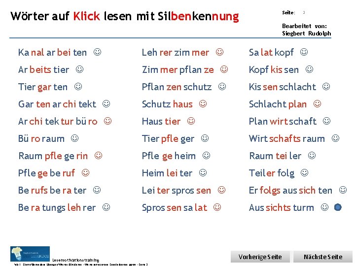 Übungsart: Wörter auf Klick lesen mit Silbenkennung Seite: 2 Bearbeitet von: Siegbert Rudolph Ka