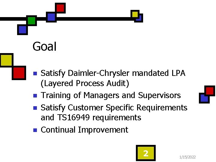 Goal n n Satisfy Daimler-Chrysler mandated LPA (Layered Process Audit) Training of Managers and