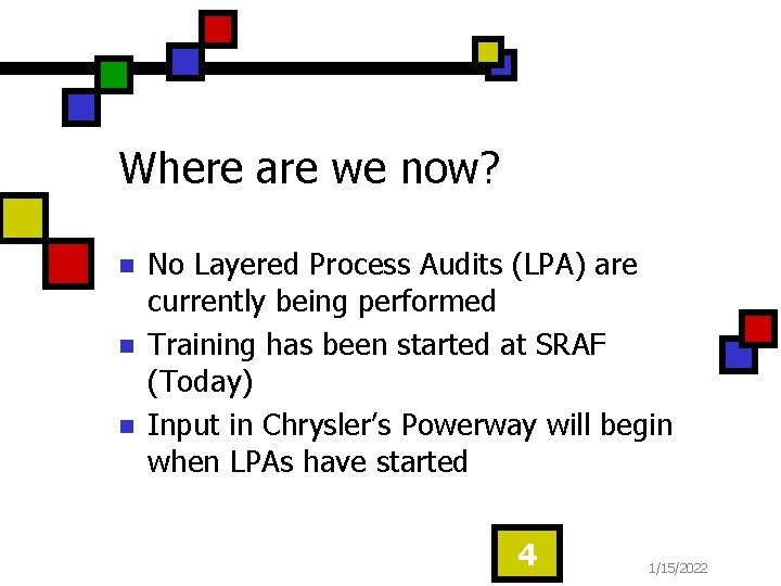 Where are we now? n n n No Layered Process Audits (LPA) are currently