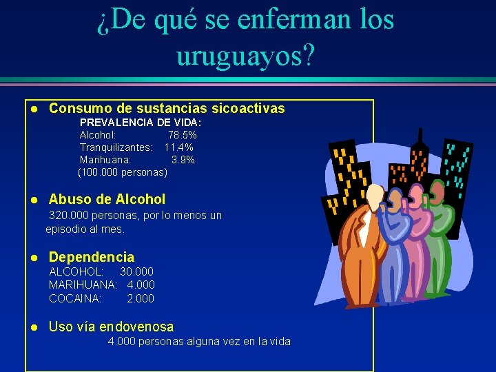 ¿De qué se enferman los uruguayos? l Consumo de sustancias sicoactivas PREVALENCIA DE VIDA: