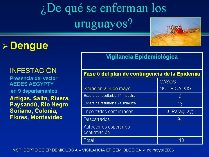 ¿De qué se enferman los uruguayos? Ø Dengue Vigilancia Epidemiológica INFESTACIÓN Presencia del vector: