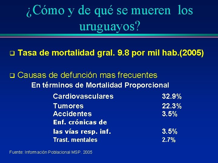 ¿Cómo y de qué se mueren los uruguayos? q Tasa de mortalidad gral. 9.