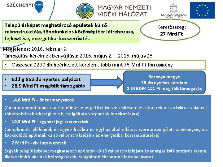 Településképet meghatározó épületek külső rekonstrukciója, többfunkciós közösségi tér létrehozása, fejlesztése, energetikai korszerűsítés Keretösszeg: 27