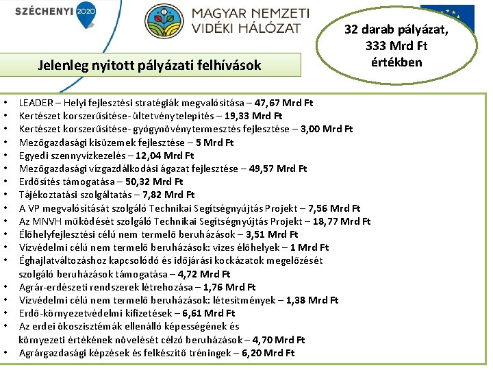 Jelenleg nyitott pályázati felhívások • • • • • 32 darab pályázat, 333 Mrd