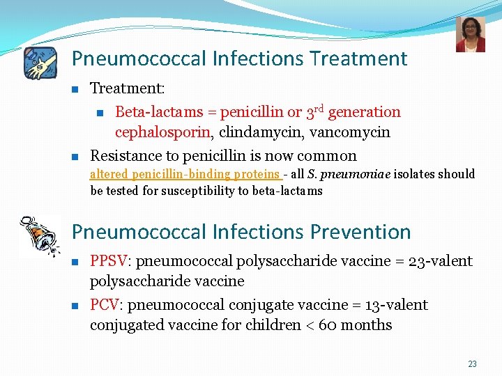 Pneumococcal Infections Treatment n Treatment: n n Beta-lactams = penicillin or 3 rd generation