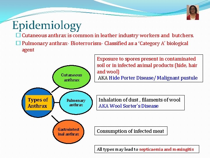 Epidemiology � Cutaneous anthrax is common in leather industry workers and butchers. � Pulmonary
