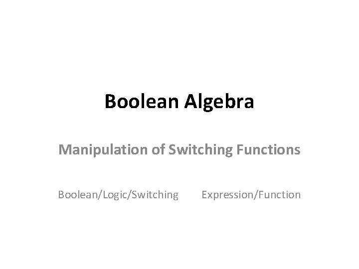 Boolean Algebra Manipulation of Switching Functions Boolean/Logic/Switching Expression/Function 
