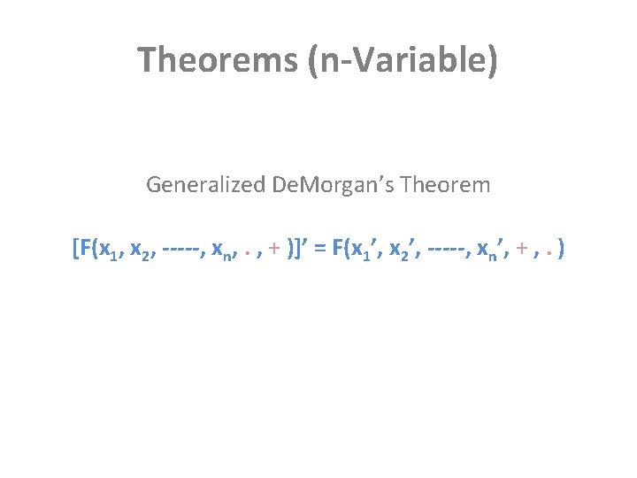 Theorems (n-Variable) Generalized De. Morgan’s Theorem [F(x 1, x 2, -----, xn, . ,