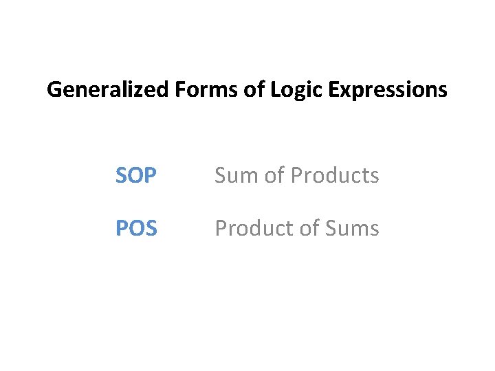 Generalized Forms of Logic Expressions SOP Sum of Products POS Product of Sums 